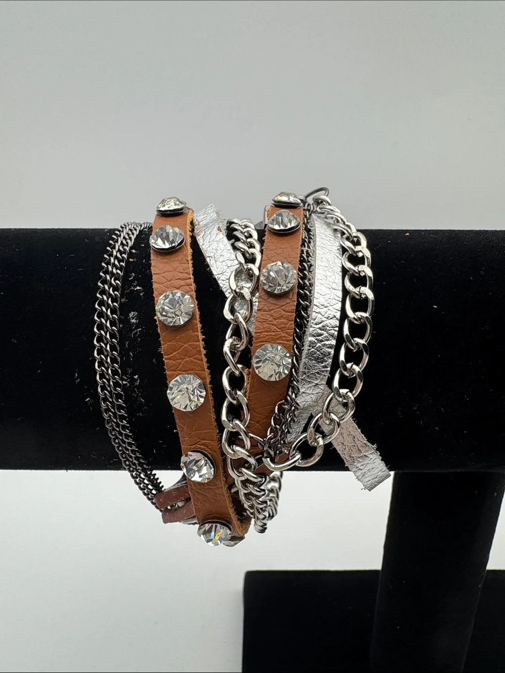 Geneva Women's Brown Leather Strap Crystal Accent Watch Bracelet Set